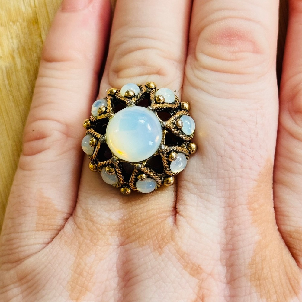 Uncas Cocktail Ring Opalescent Opal Glass Cabochon Gold ElectroPlated Rare VTG